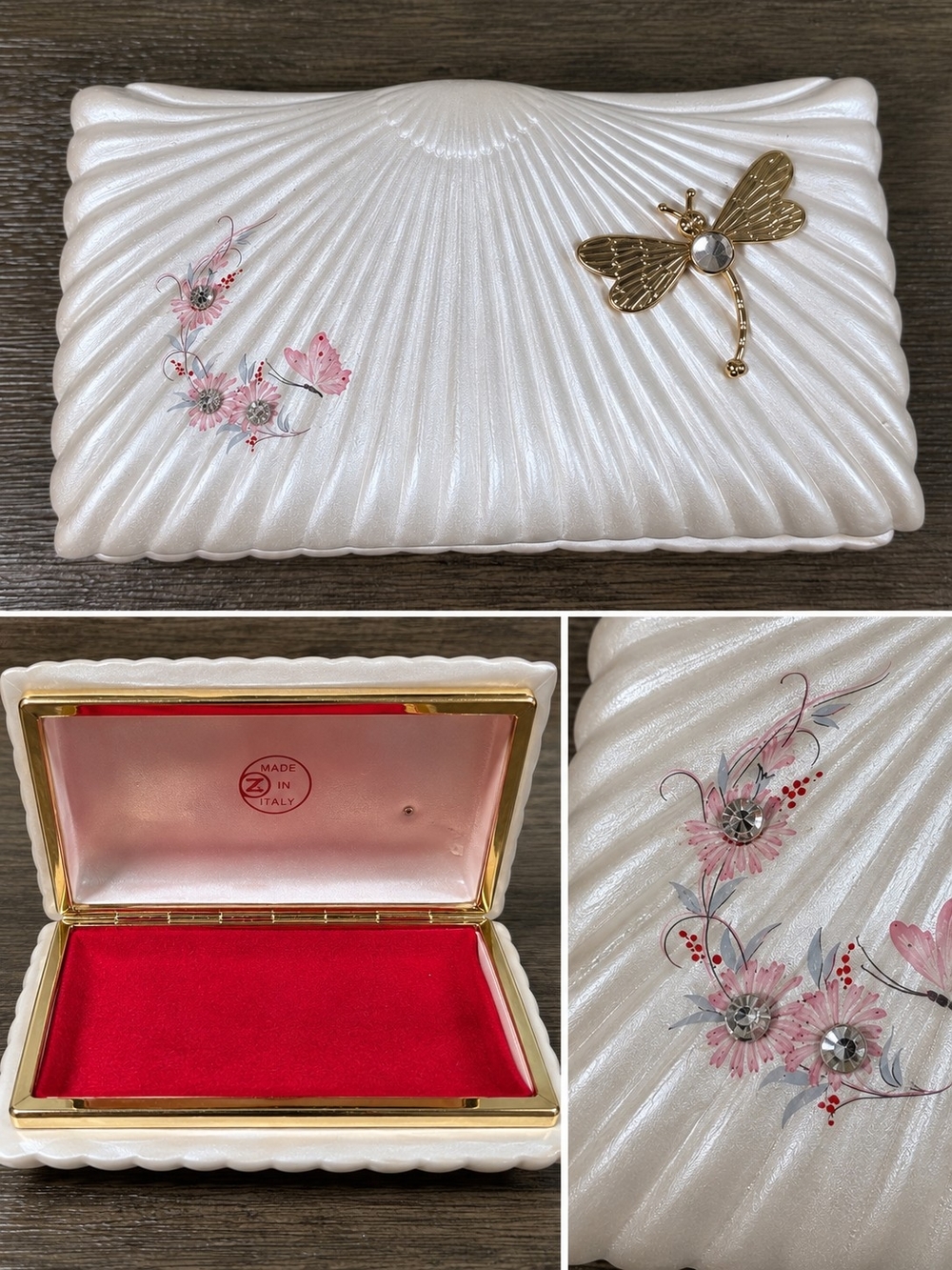 Vintage Made in Italy Porcelain Jewelry Box Gold Dragonfly Floral